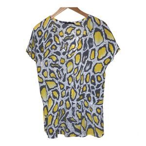 Pure Sugar Womens 100% Silk Pullover Top Size L Animal Print V Neck Yellow Gray